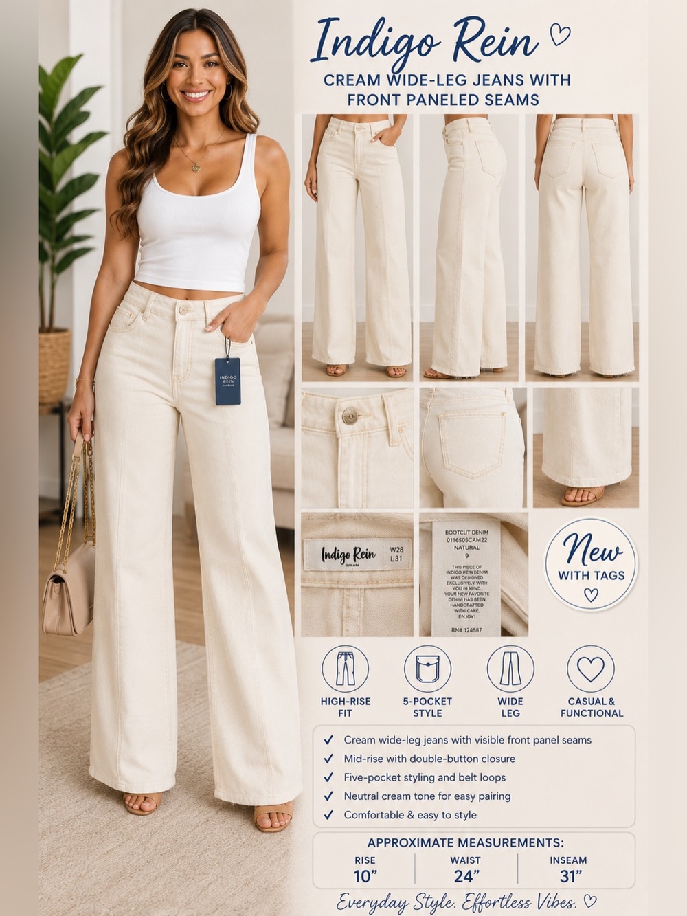 Indigo Rein Cream Wide-Leg Jeans with Front Paneled Seams NEW W28 L31